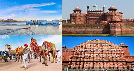 visit delhi's red fort, jaisalmer sand dunes with camel safari, jaipur's hawa mahal, uaipur's lake pichola in a rajasthan with golden triangle tour
