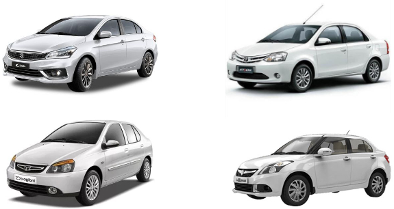 econonmy cars included in this picture are maruti suzuki ciaz, toyota etios, tata indigo, and swif Dzire