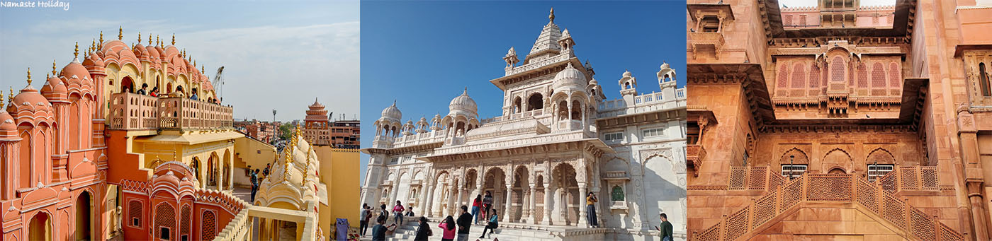 this collage of heritage monuments of rajasthan showcases the world famous hawa mahal , white marble elegant- Jaswant Thada of jodhpur, and red walls of junagarh fort in Bikaner