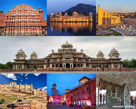 jaipur sightseeing covering prominent attractions such as hawah mahal (palace of winds), jal mahal, jantar mantar observatory, albert hall museum, amer fort, city palace museum, and jaigarh fort cannon