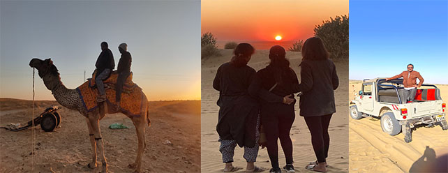 guests of namaste holiday enjoying sunset moments in jaisalmer on sam sand dunes with camel safari and jeep safari
